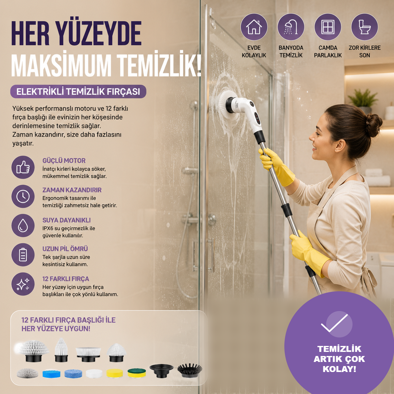 Elektrikli temizlik fırçası - duşakabin temizliği